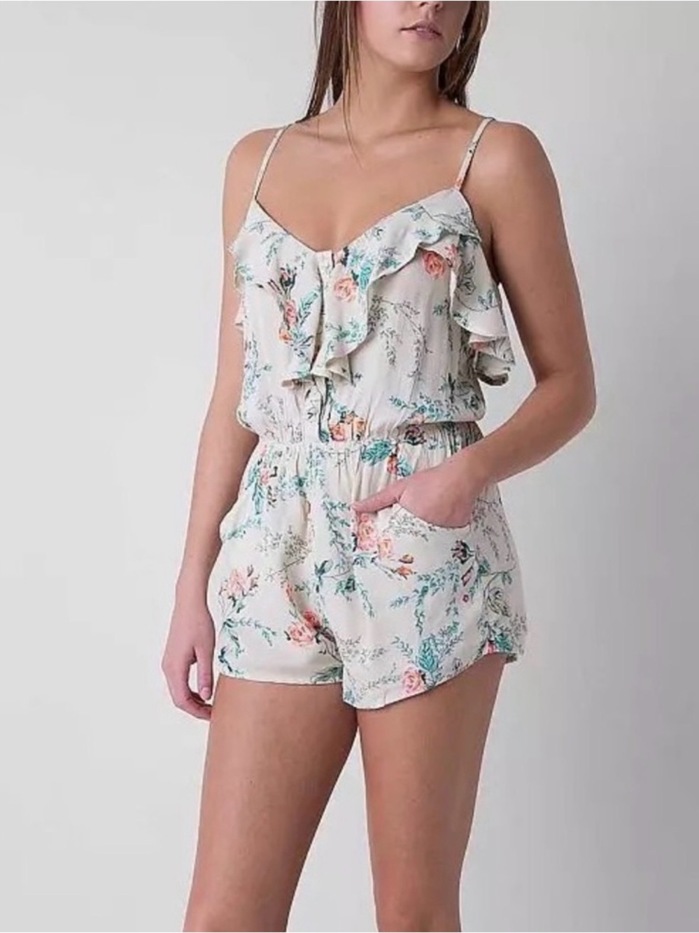 Billabong “Dream Escape” Floral Ruffle Spaghetti Strap Romper